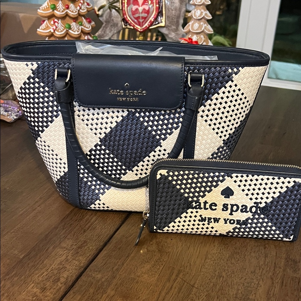 Kate Spade New York Cruise Navy and Cream Checkered Tote and Wallet